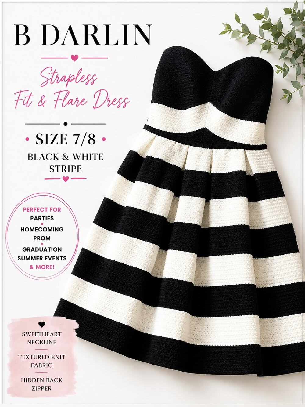 B Darlin Size 7/8 Strapless Fit Flare Dress Black White Stripe Party Prom